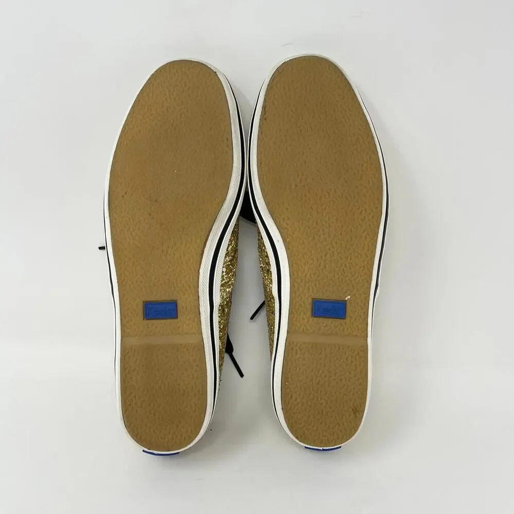 Keds x‎ Kate Spade Glitter Lace Up Sneaker Womens 7 Gold Glitter Black Ribbons